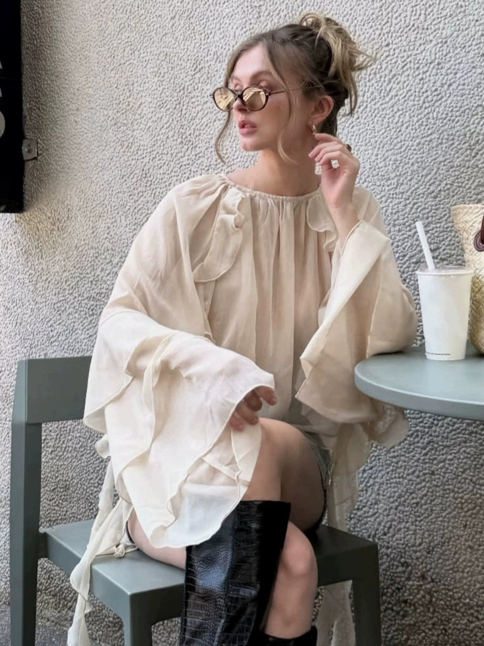 Forever 21 Oversized Chiffon Ruffle Round Neck Bell Sleeve Pullover Top Fall